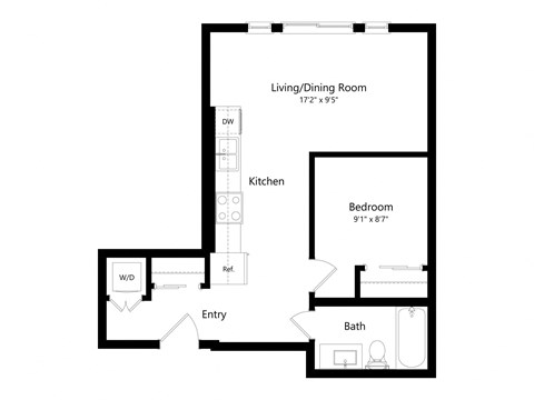 Floor plan for 1 bed, 1 bath, 565 sqft